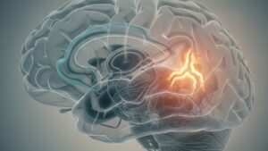 뇌의 전두엽과 변연계가 흐릿하게 표현되어 감정 조절 기능의 저하를 시각적으로 나타내는 추상적인 이미지입니다.