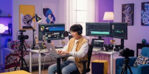 자신의 콘텐츠를 제작하며 노트북으로 작업하는 한국인 크리에이터의 모습.