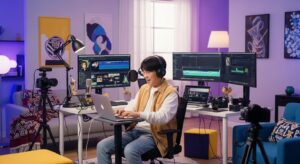 자신의 콘텐츠를 제작하며 노트북으로 작업하는 한국인 크리에이터의 모습.