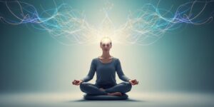 명상하는 사람의 모습과 함께 뇌 속 신경 연결망이 빛나며 강화되는 모습을 추상적으로 표현한 이미지로, 명상의 신경 가소성 효과를 보여줍니다.