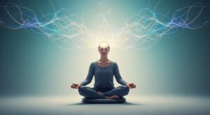 명상하는 사람의 모습과 함께 뇌 속 신경 연결망이 빛나며 강화되는 모습을 추상적으로 표현한 이미지로, 명상의 신경 가소성 효과를 보여줍니다.