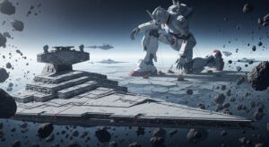 거대한 스타 디스트로이어가 균열이 있는 행성 위 건담 로봇 옆에서 구조적 한계를 보여주는 컨셉 아트.